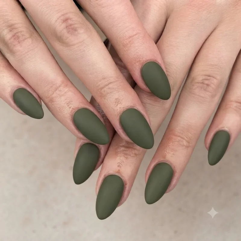 Hand-painted mountain and forest landscape nail art in olive green and dusty blue tones