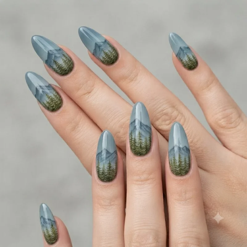 Bright playful camping nails set in mustard yellow with galaxy starry night accent finger