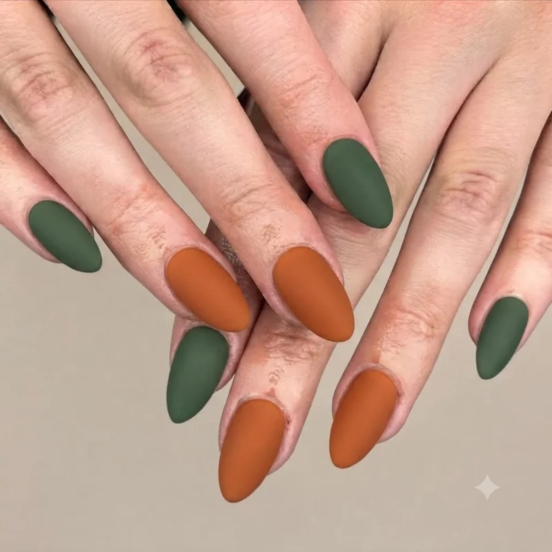 Tent and camper motif nail set in charcoal against dusty orange sunset base colour