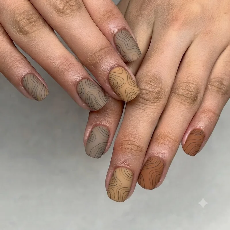 Alpine ombré nails fading from soft grey to charcoal, mountain ridge line inspired gradient manicure design for hiking