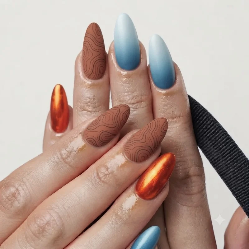 Flatlay comparison of hiking, camping, and mountain nail design family, outdoor nail aesthetic styles