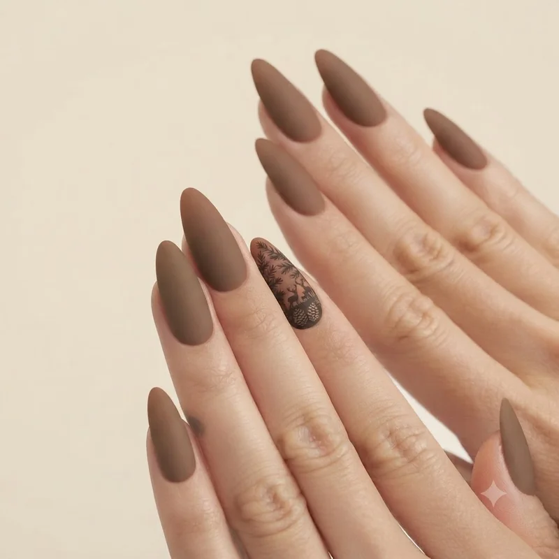Matte olive, khaki, and rust gorpcore nail set, hiking nails earth-tone palette manicure design for everyday wear