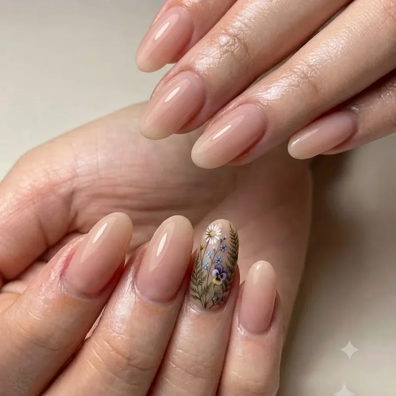 Pinecone and deer silhouette wildlife accent nail on a matte earth-tone base, hiking nails trail design detail idea