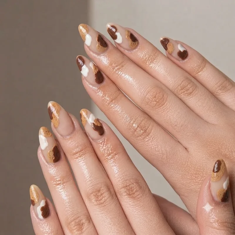 Fine-line topographic contour nail art on an earth-tone base, hiking nails elevation map inspired design for trail lovers