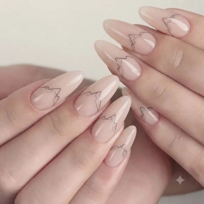 Minimalist mountain nail art with a fine single-line outline over a nude base finish