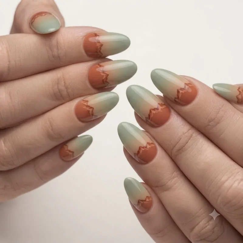 Terracotta and sage layered mountain nail gradient with warm alpine ridgeline design