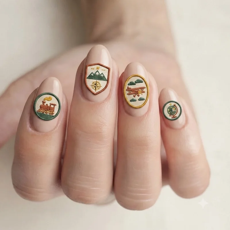 Park badge national park nails in vintage travel patch rust mustard and forest green with emblem accent