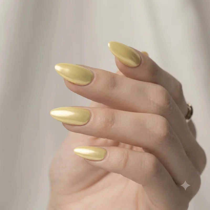Butter yellow chrome hoco nails with soft metallic finish in almond shape