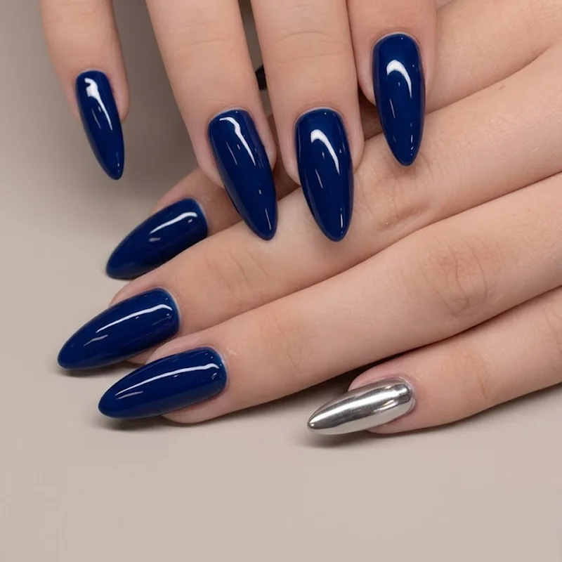 Navy cobalt blue hoco nails glossy finish with a silver chrome accent nail