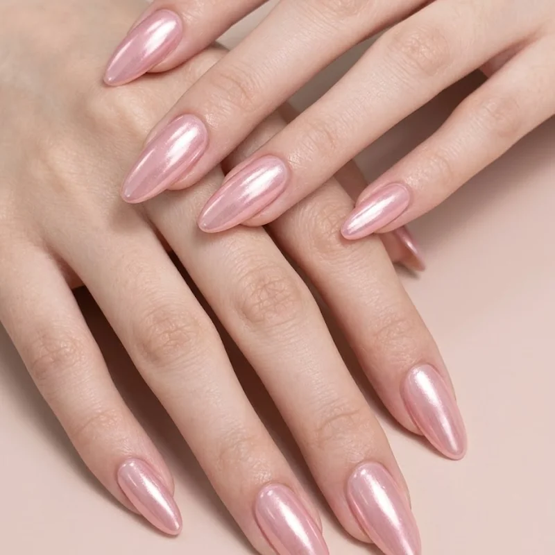 Soft pink chrome hoco nails with shimmer finish to match a blush homecoming dress