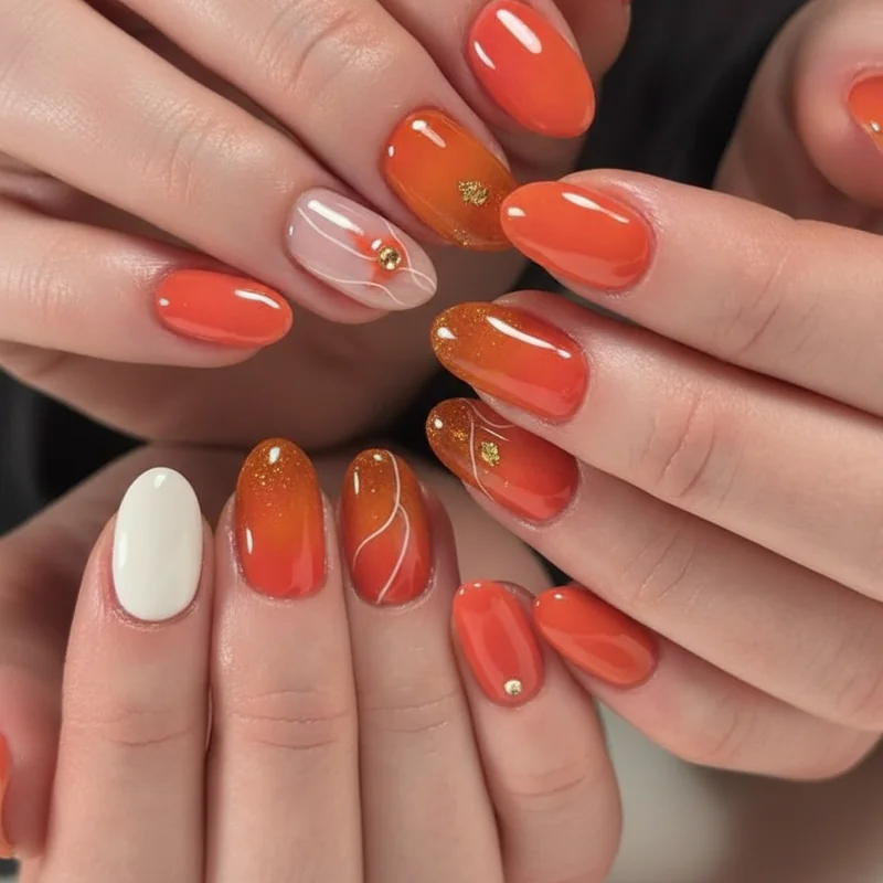 Aperol spritz nails in warm amber coral orange and cream with accent nail design Italian aperitivo inspired summer manicure 2026