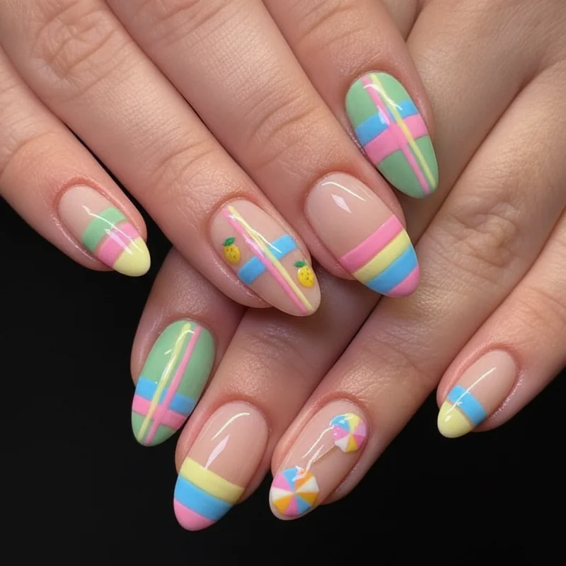 DIY Italian summer nails showing stripe gelato and sticker options for home manicure achievable affordable Amalfi Coast look 2026