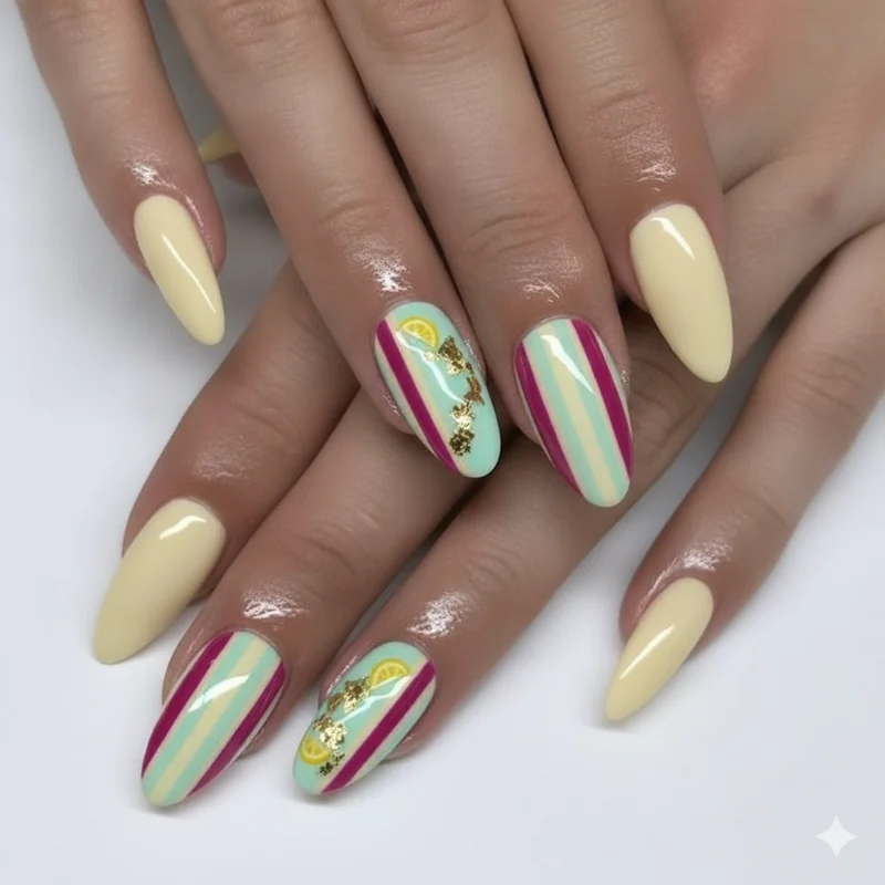Italian summer nails on short oval and squoval nails showing lemon motifs and gelato colour palette wearable manicure for everyday 2026