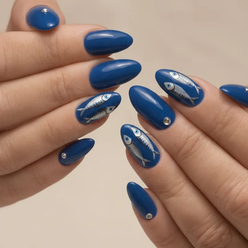 Sardine nail art on cobalt blue base with Venetian accent nail sardine girl aesthetic Italian summer manicure design 2026