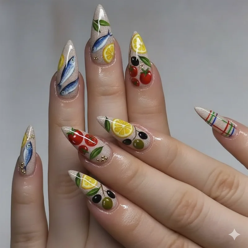 Sicilian picnic nails with mixed motifs including sardines lemons tomatoes and olives on a linen white base Italian summer nail art
