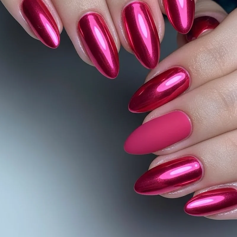 Chrome mirror versus matte versus glossy hot pink nail finish comparison shown side by side for summer 2026 occasion guide