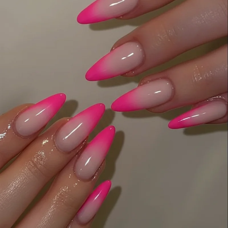 Hot pink gradient ombre nails fading from vivid hot pink to white at the tip summer DIY beginner-friendly fade technique