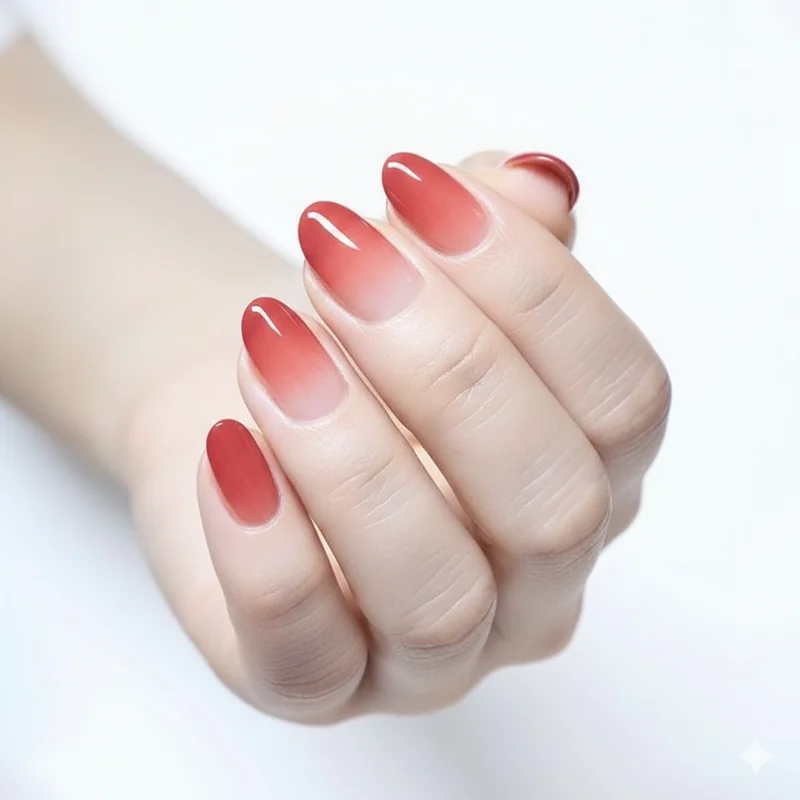 Brush blending gel polish ombre showing flat brush technique dabbing second colour at nail tip for seamless colour gradient