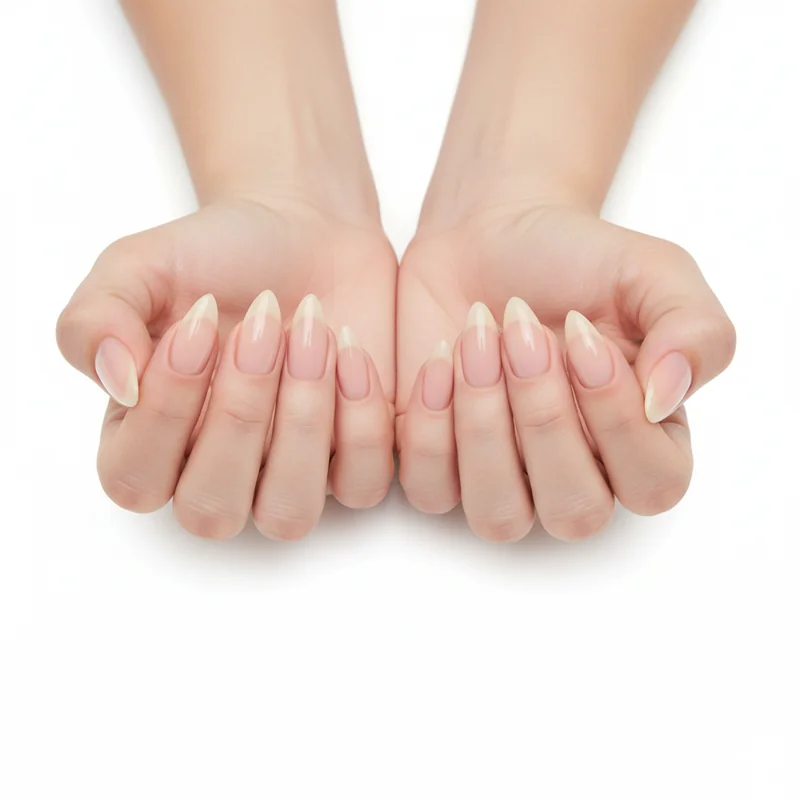 Almond versus oval nail shape comparison showing tapered almond tip mirroring cuticle line versus rounded oval tip width difference