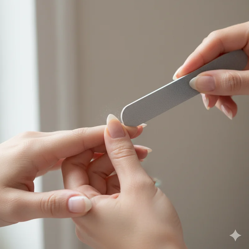 Alternating strokes filing method showing 45-degree file angle on left and right nail sidewalls toward centre tip for even almond shaping