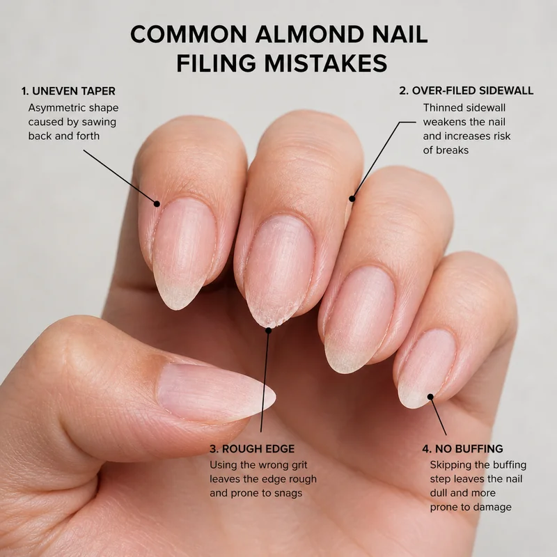 Common almond nail shaping mistakes showing sawing motion damage, over-filed sidewall asymmetry, and wrong grit file roughness comparison fixes
