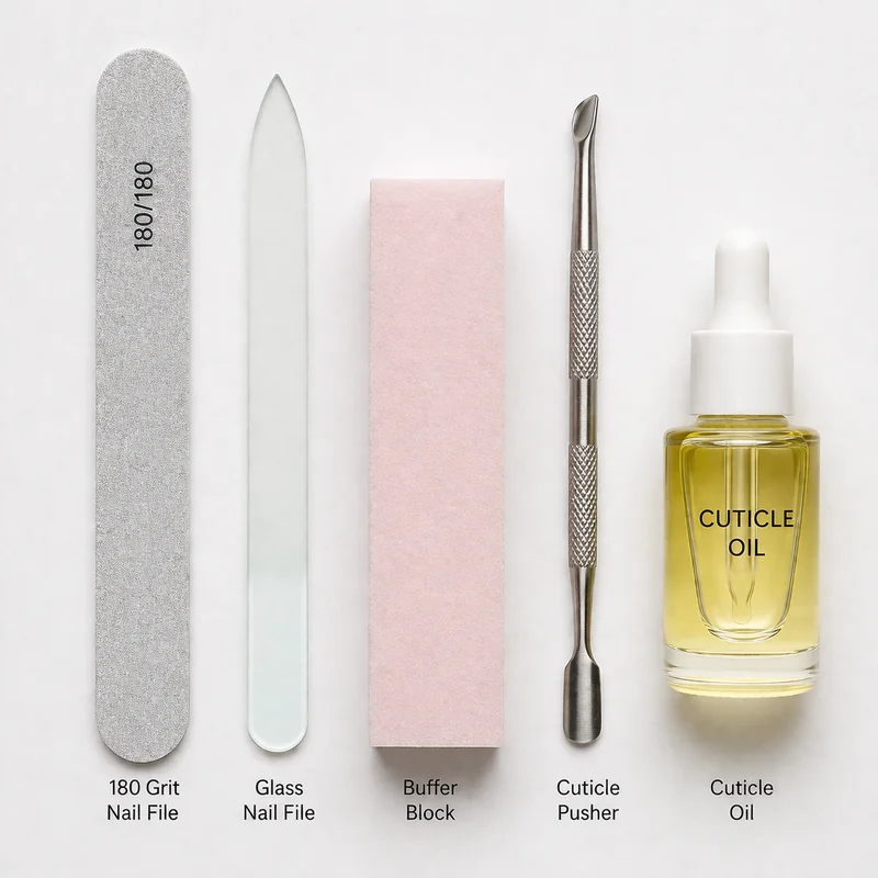 Nail shaping tools laid out showing 180-grit nail file, glass crystal file, buffing block, cuticle pusher, and cuticle oil for home manicure