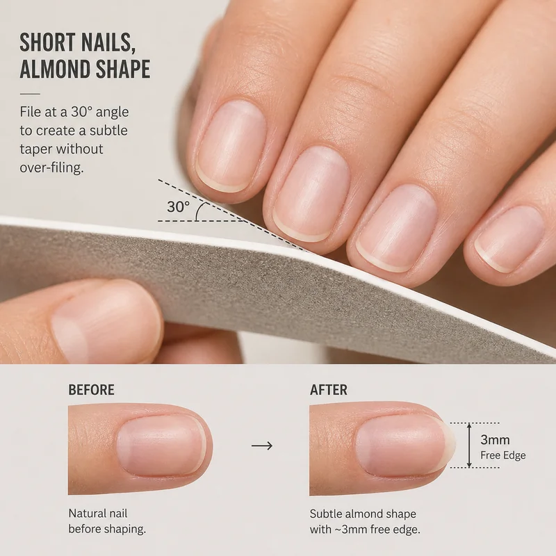 Short natural nails almond shaping showing 3mm minimum free edge with subtle taper and 30-degree filing angle for beginner-safe technique