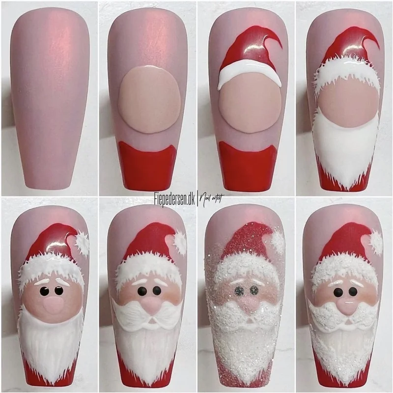 Intermediate level Santa face nail art showing facial features and beard details