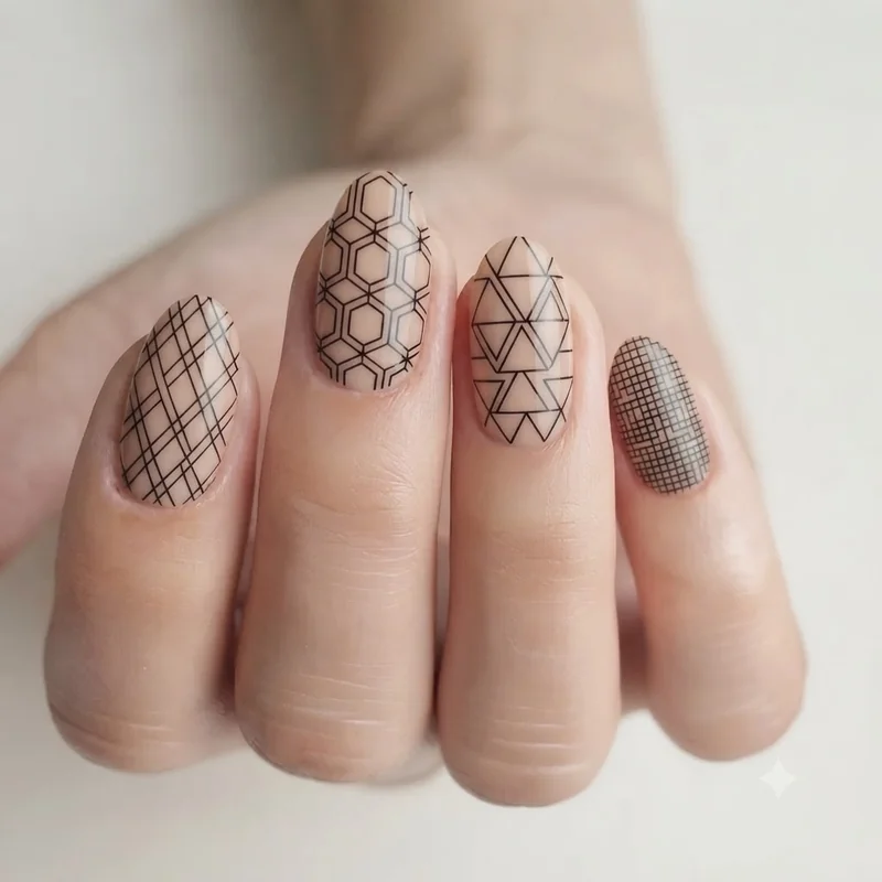Complex nail designs showing fine line geometric pattern close up on nude base manicure