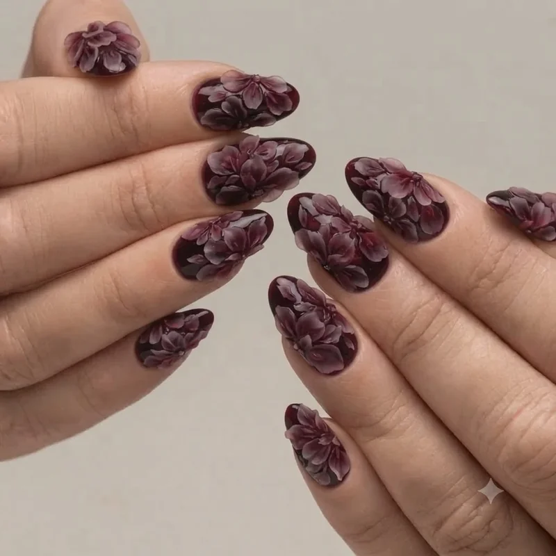 Intricate nail designs with layered 3D floral petals in burgundy on a dark background manicure