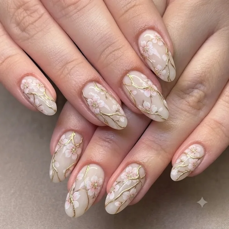 Detailed nail designs showing pastel cherry blossom florals with gold vein linework on nails