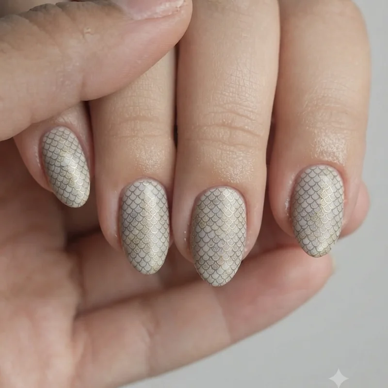 Intricate nail art designs for short nails featuring fine detail scaled pattern on almond shape
