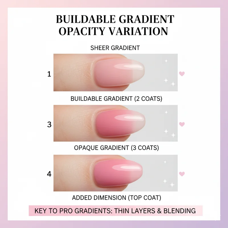 Buildable gradient showing nail to nail opacity variation technique