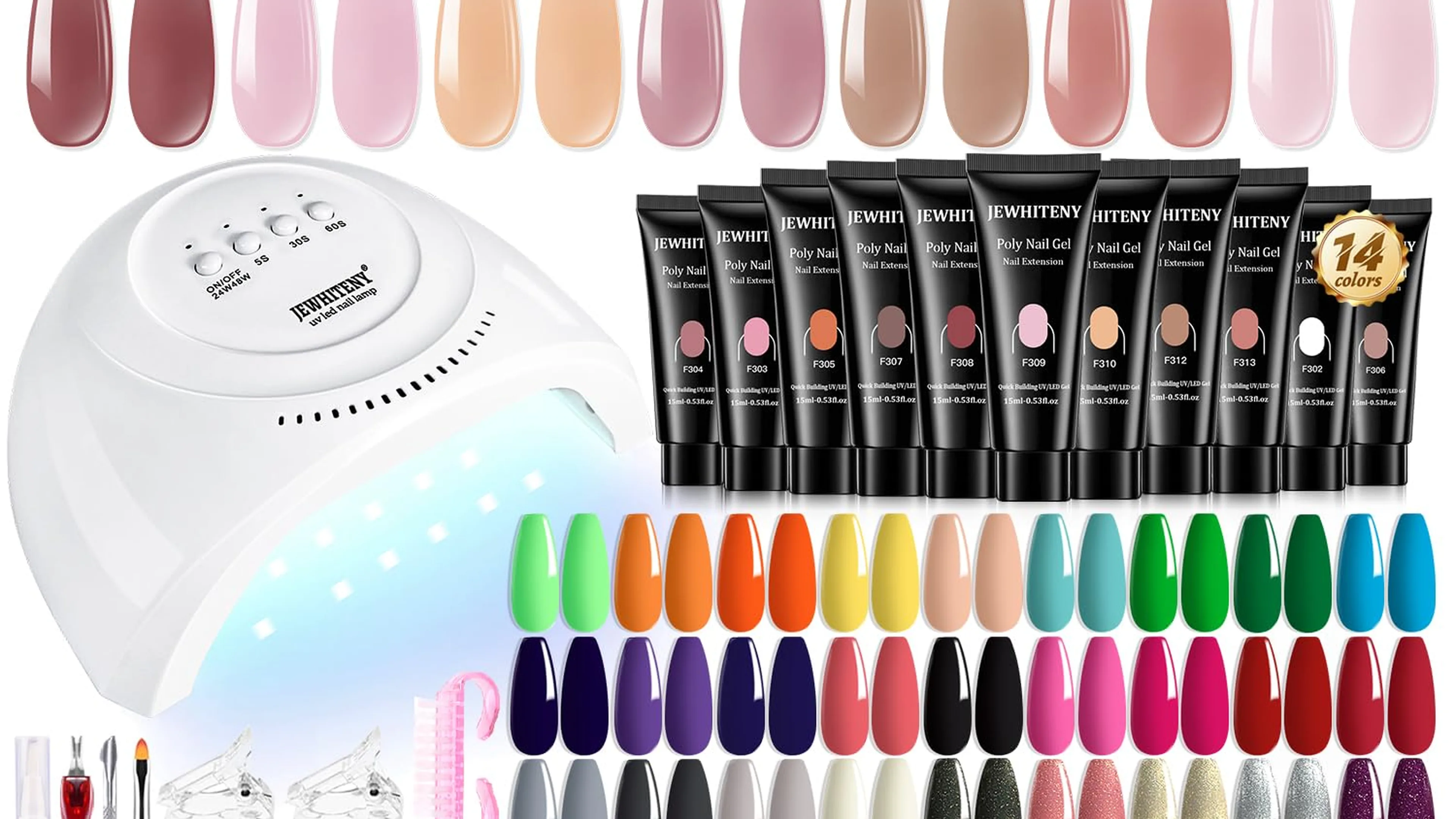 JEWHITENY poly gel nail extension kit with 14 builder gels and 27 color polishes