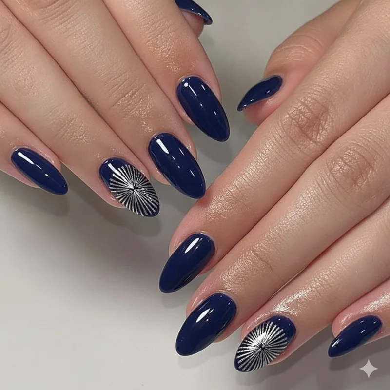 Firework 4th of july nails with navy base and silver chrome burst design
