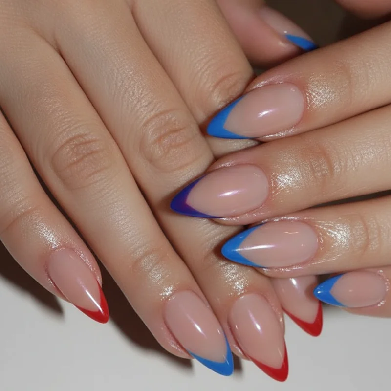 4th of july nails almond shape with red and blue micro french tip detail