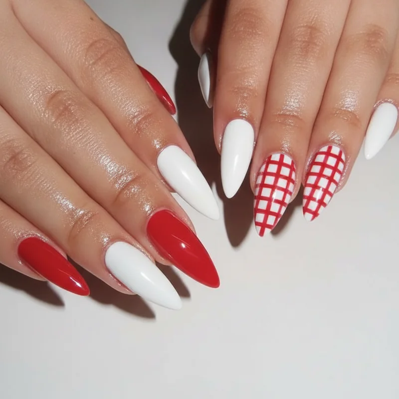 Cookout 4th of july nails with red and white gingham picnic pattern accent