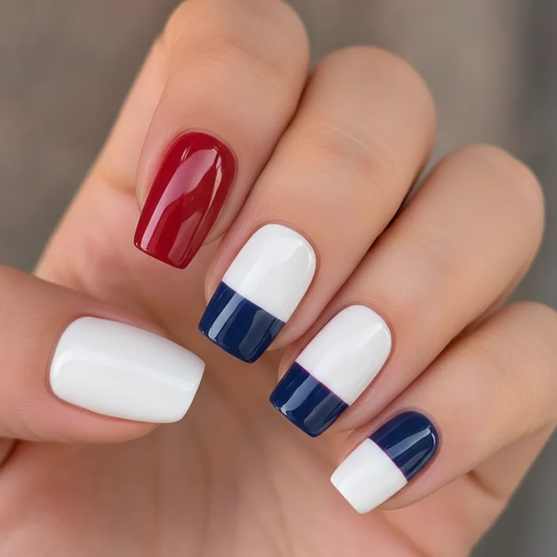 4th of july nail designs in a classic red white and navy colour block manicure
