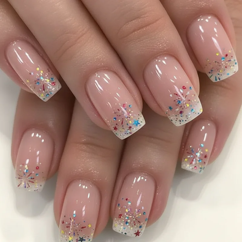Easy fireworks nail art at home on sheer pink base with colourful sparks