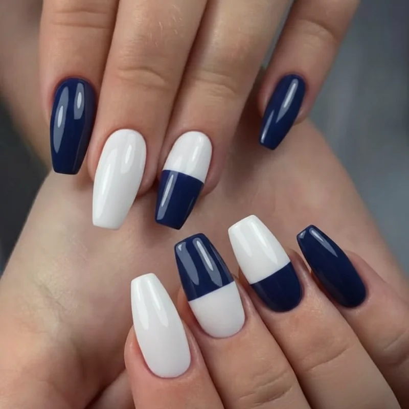 4th of july nails short and square in a clean navy and white colour block design