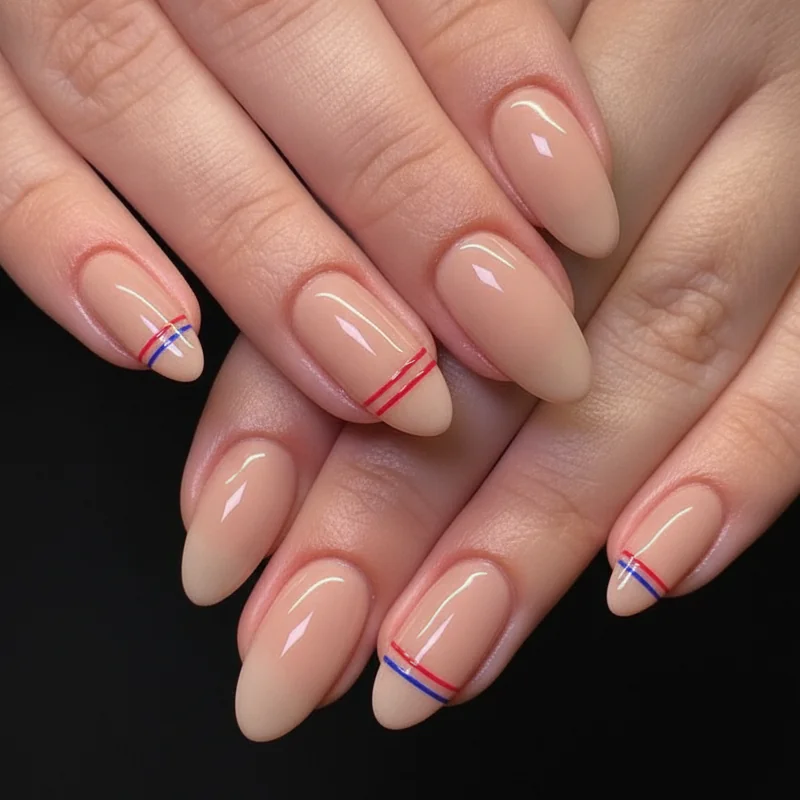 Minimalist patriotic nails with thin red and blue line detail on a nude base