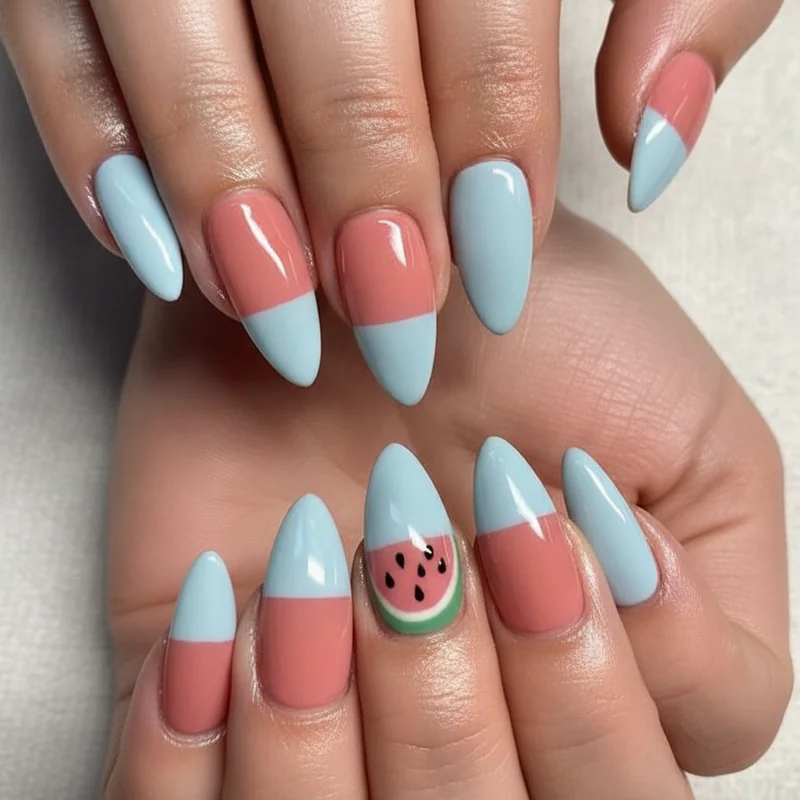 Picnic themed patriotic nails with watermelon motif on single accent nail