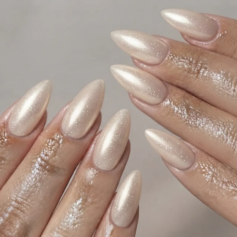 Soft glam Kesha inspired concert nails featuring a soft pearl iridescent finish for a subtler sparkle before the concert