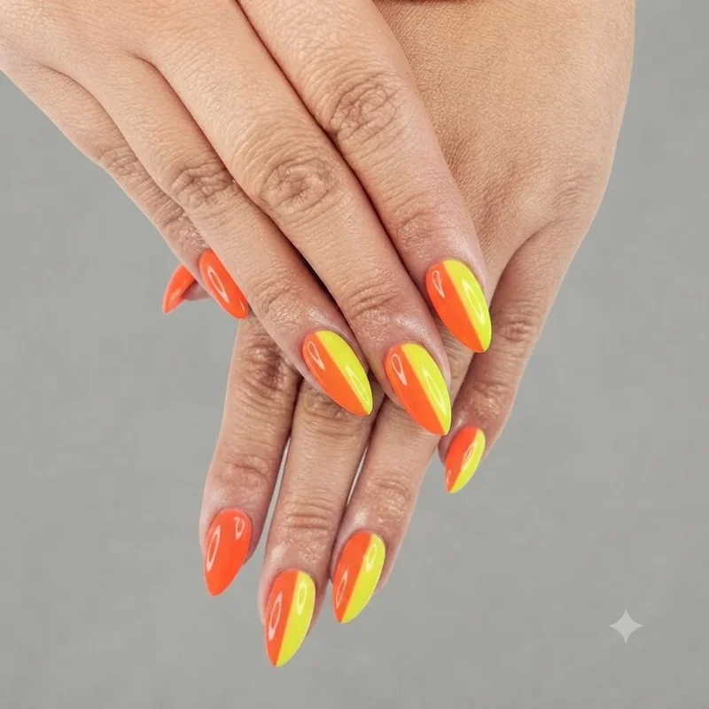 Neon orange yellow stiletto nail set with glossy topcoat finish on stiletto shape