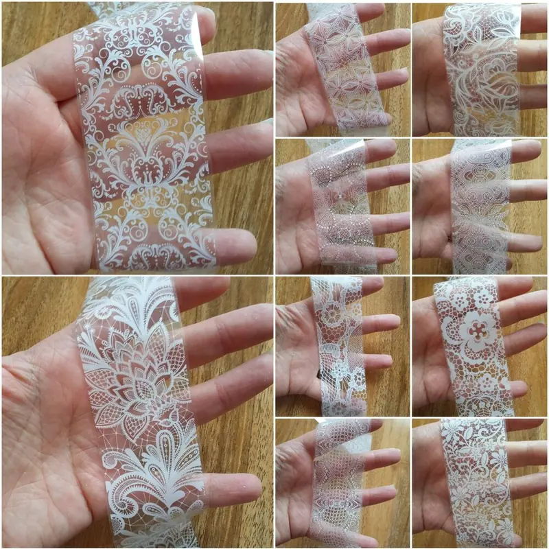 Foil transfer kit including adhesive gel metallic foils and applicator tools for lace nail art