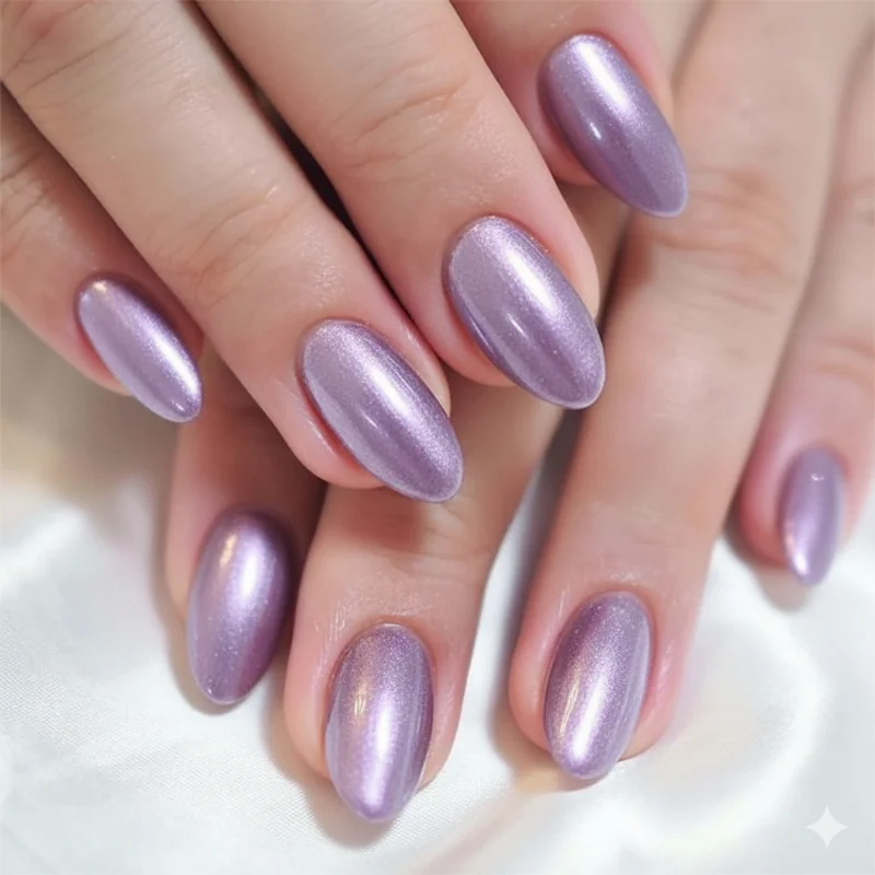 Lavender nails summer 2026 trend showing chrome metallic finish on medium oval nails photographed in natural summer light