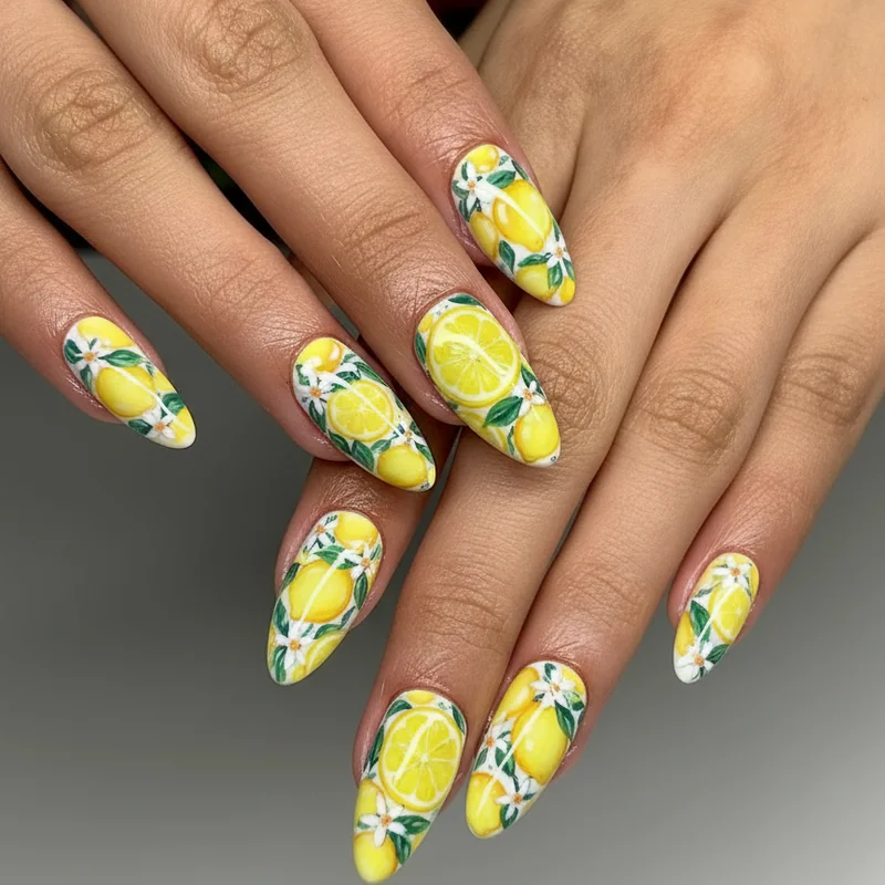 3D lemon nail art showing sculpted builder gel lemon half and wedge details on almond nails glossy finish statement manicure