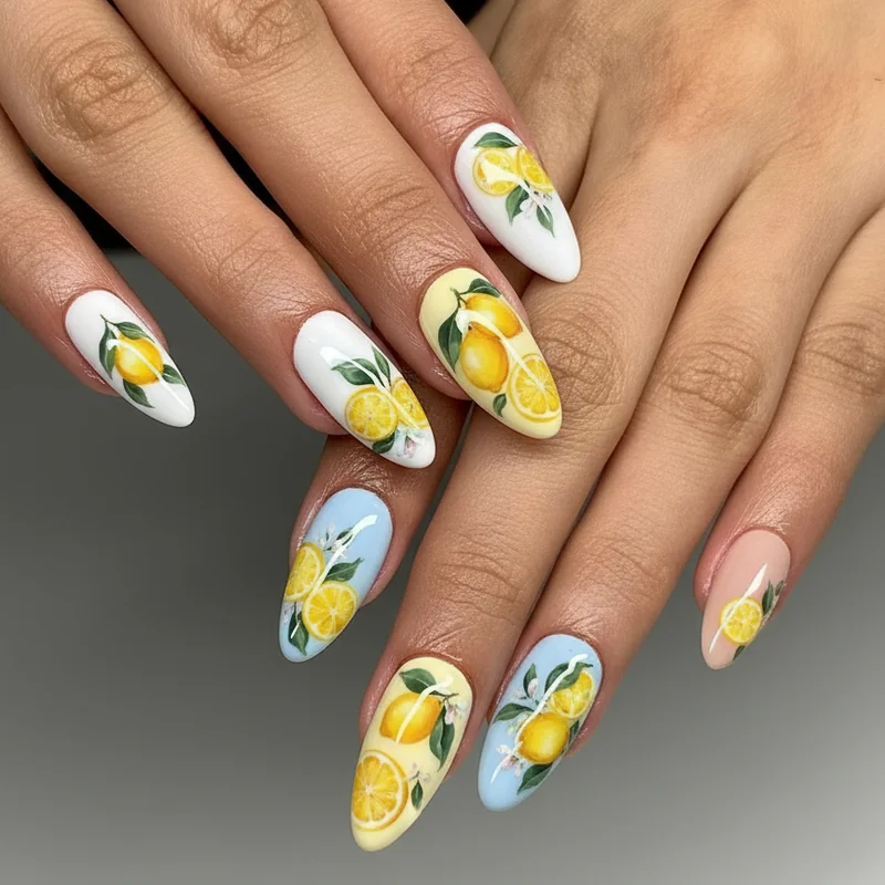 Best base colours for lemon nail art comparing white blue butter yellow and nude bases for different aesthetic effects summer