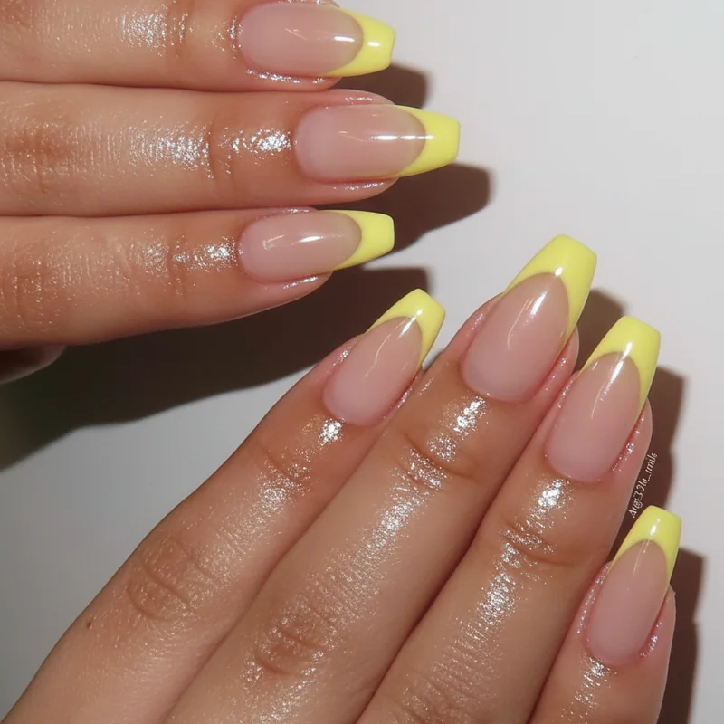 Lemon French tip on short squoval nails showing yellow tips with tiny lemon detail for wearable summer shorter nail manicure