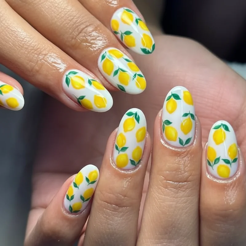 Lemon nail trend summer 2026 showing Mediterranean citrus print manicure with Amalfi Coast yellow and blue colour palette